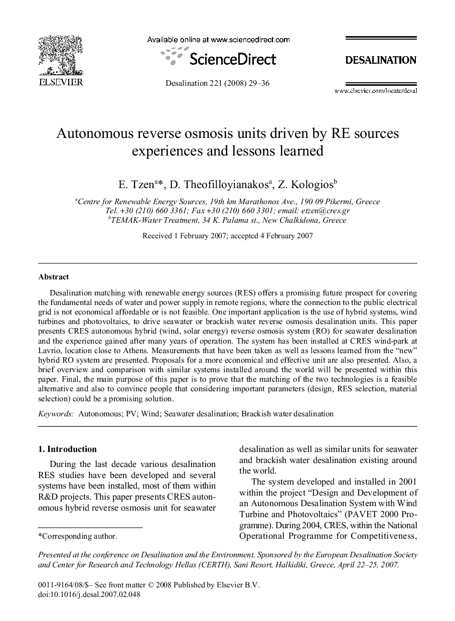 Autonomous reverse osmosis units driven by RE sources experiences and lessons learned