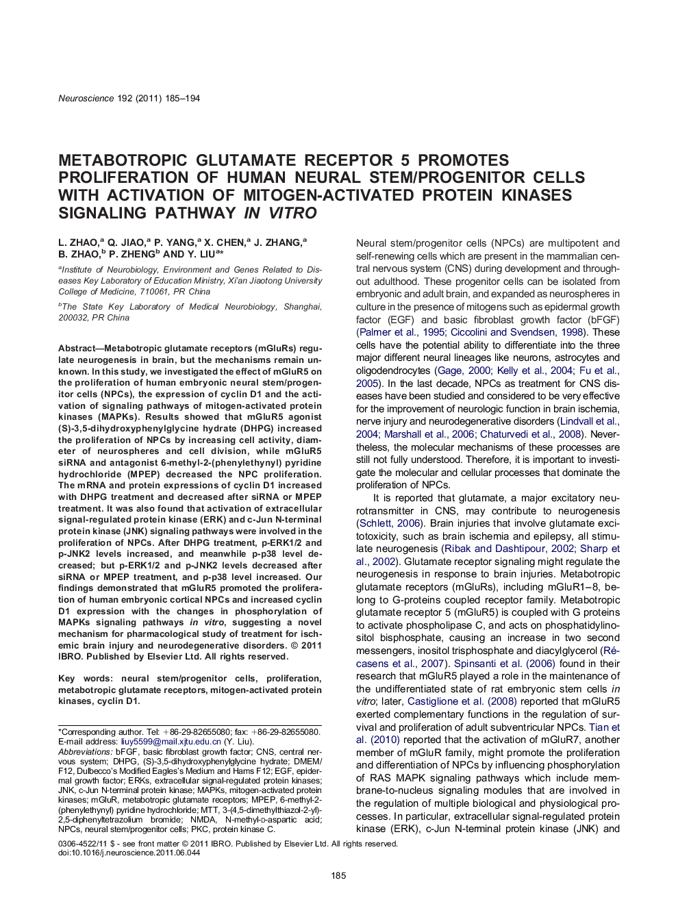 Metabotropic glutamate receptor 5 promotes proliferation of human neural stem/progenitor cells with activation of mitogen-activated protein kinases signaling pathway in vitro