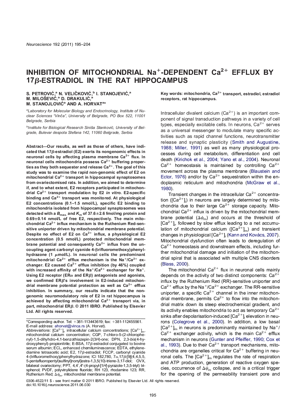 Inhibition of mitochondrial Na+-dependent Ca2+ efflux by 17Î²-estradiol in the rat hippocampus