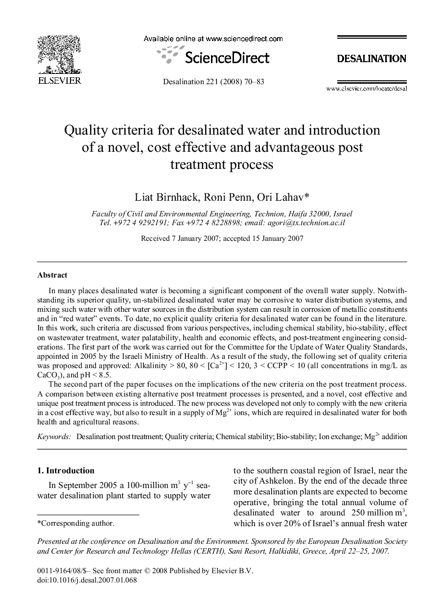 Quality criteria for desalinated water and introduction of a novel, cost effective and advantageous post treatment process