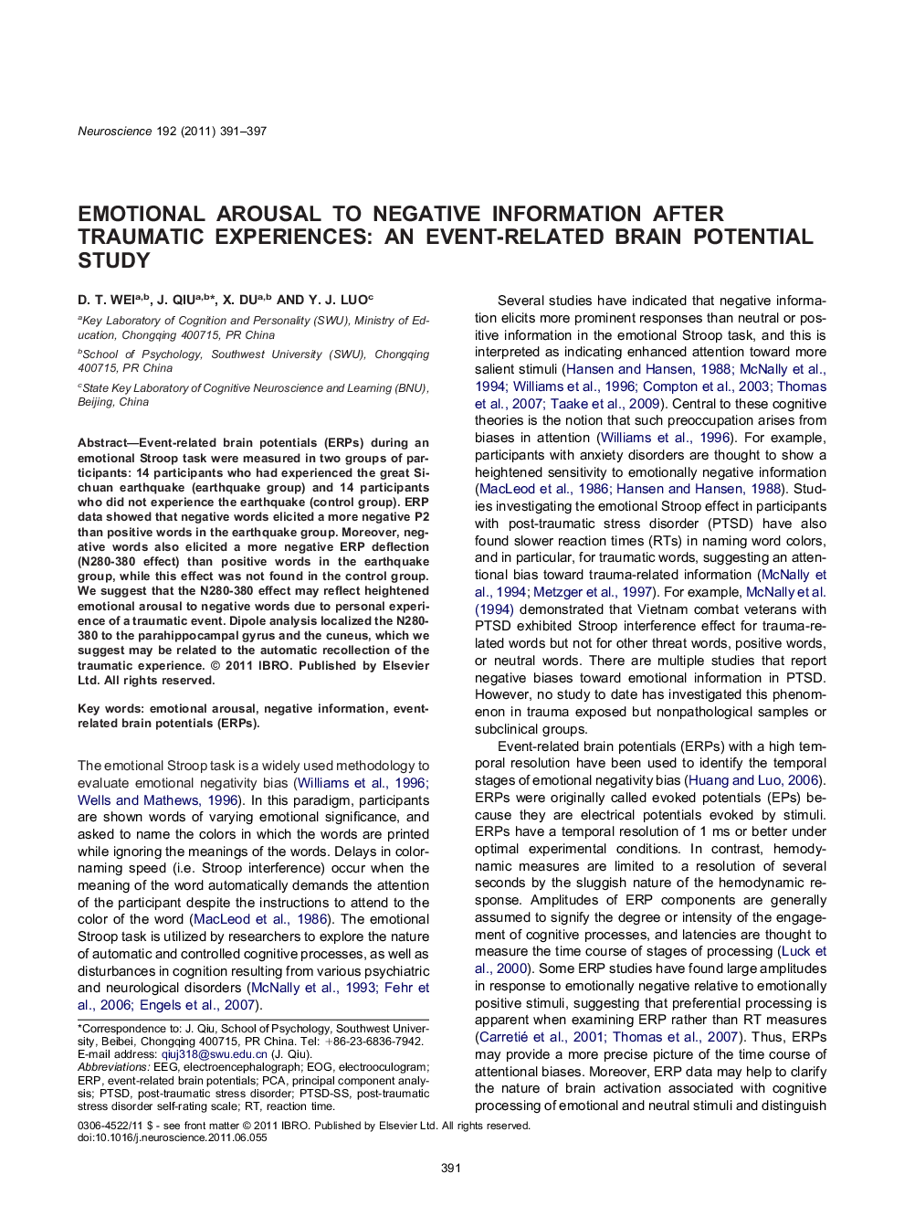 Cognitive, Behavioral, and Systems NeuroscienceResearch PaperEmotional arousal to negative information after traumatic experiences: an event-related brain potential study