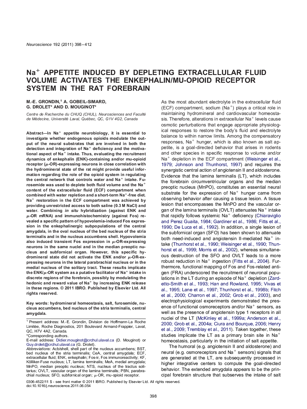 Cognitive, Behavioral, and Systems NeuroscienceResearch PaperNa+ appetite induced by depleting extracellular fluid volume activates the enkephalin/mu-opioid receptor system in the rat forebrain