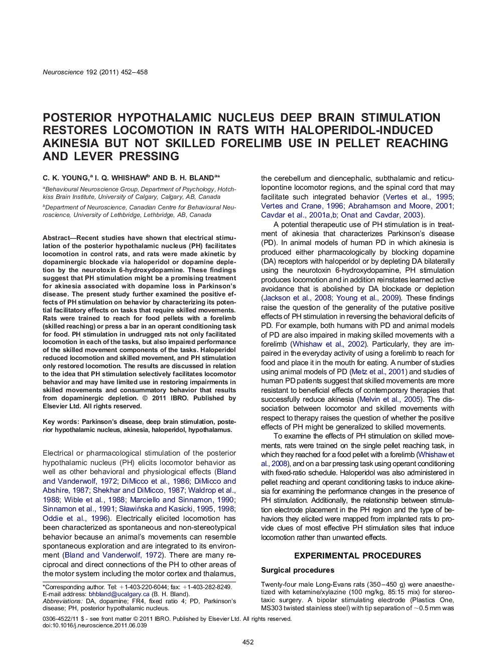 Posterior hypothalamic nucleus deep brain stimulation restores locomotion in rats with haloperidol-induced akinesia but not skilled forelimb use in pellet reaching and lever pressing