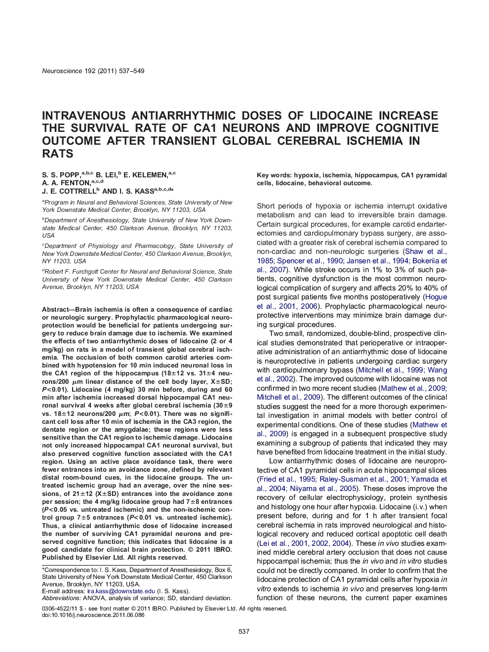 Intravenous antiarrhythmic doses of lidocaine increase the survival rate of CA1 neurons and improve cognitive outcome after transient global cerebral ischemia in rats