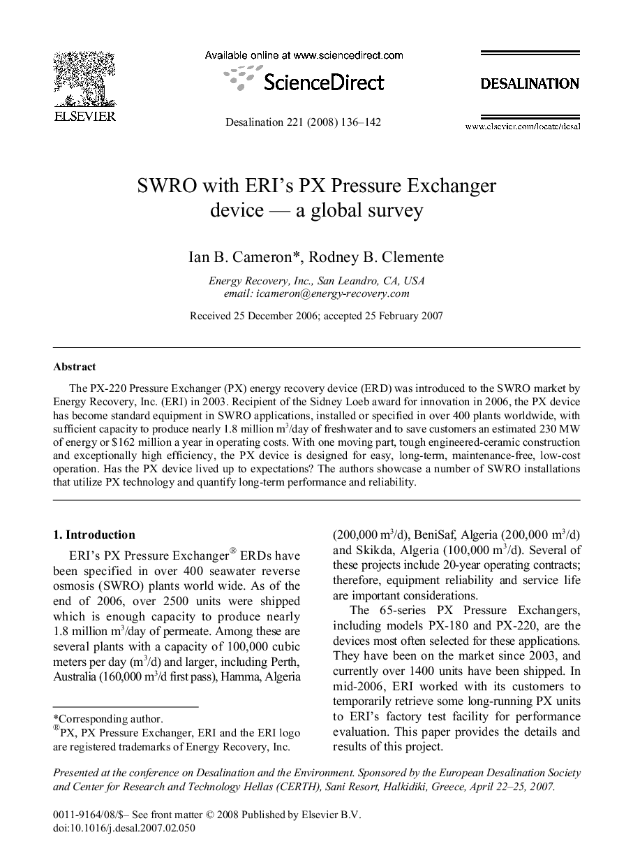 SWRO with ERI's PX Pressure Exchanger device - a global survey