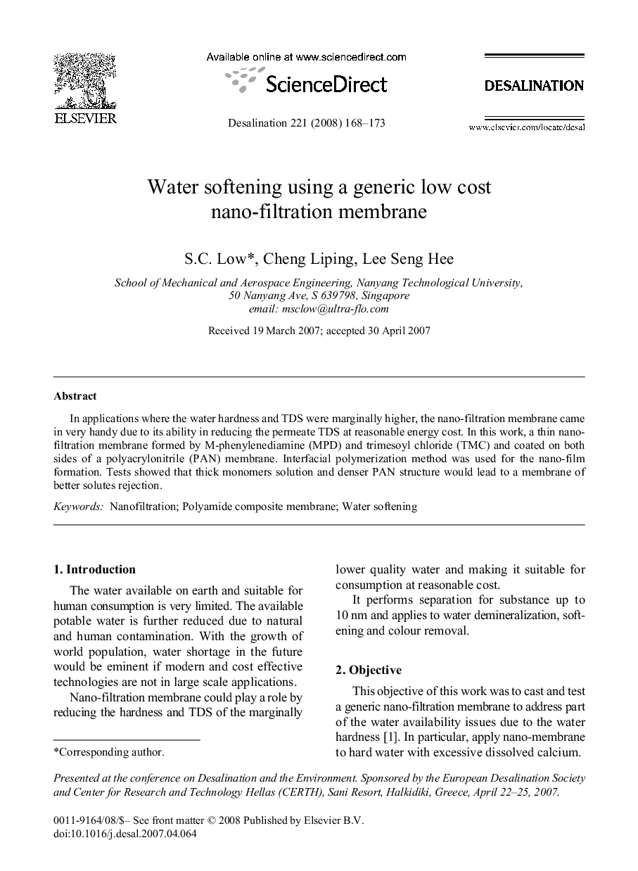 Water softening using a generic low cost nano-filtration membrane