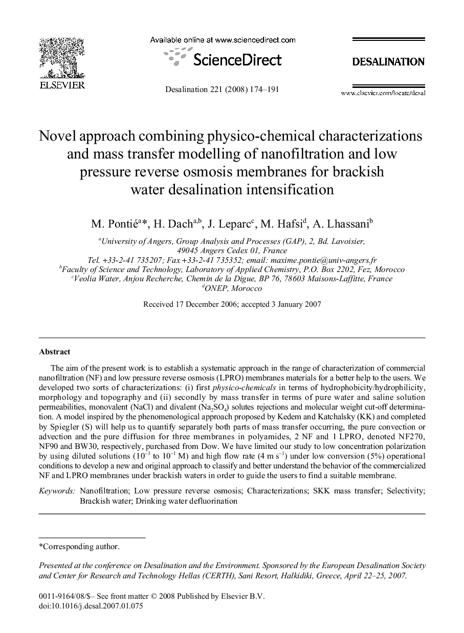 Novel approach combining physico-chemical characterizations and mass transfer modelling of nanofiltration and low pressure reverse osmosis membranes for brackish water desalination intensification