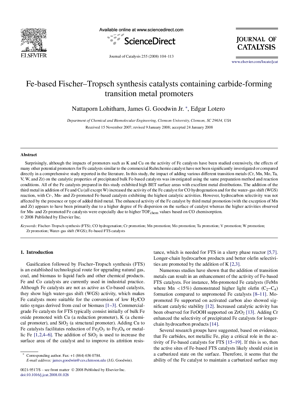 Fe-based Fischer–Tropsch synthesis catalysts containing carbide-forming transition metal promoters