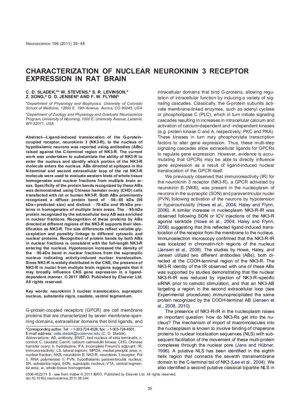 Characterization of nuclear neurokinin 3 receptor expression in rat brain