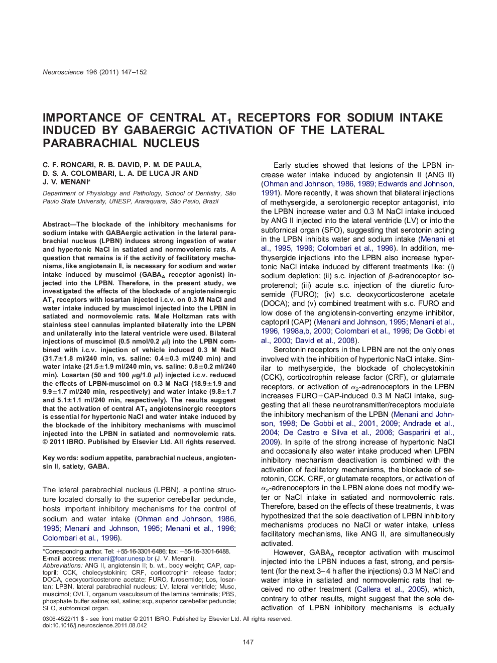عکس صفحه اول مقاله: Cognitive, Behavioral, and Systems NeuroscienceResearch PaperImportance of central AT1 receptors for sodium intake induced by GABAergic activation of the lateral parabrachial nucleus Cognitive, Behavioral, and Systems NeuroscienceResearch PaperImportance of central AT1 receptors for sodium intake induced by GABAergic activation of the lateral parabrachial nucleus