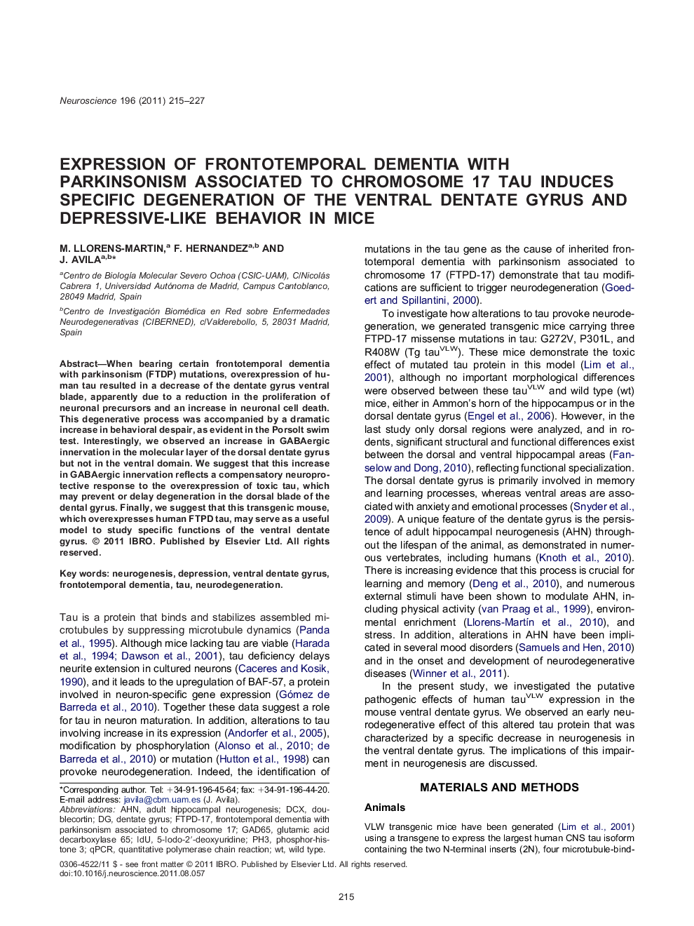 Expression of frontotemporal dementia with parkinsonism associated to chromosome 17 tau induces specific degeneration of the ventral dentate gyrus and depressive-like behavior in mice