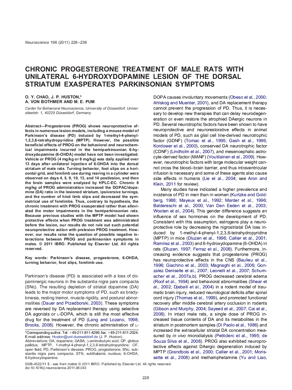 Chronic progesterone treatment of male rats with unilateral 6-hydroxydopamine lesion of the dorsal striatum exasperates parkinsonian symptoms