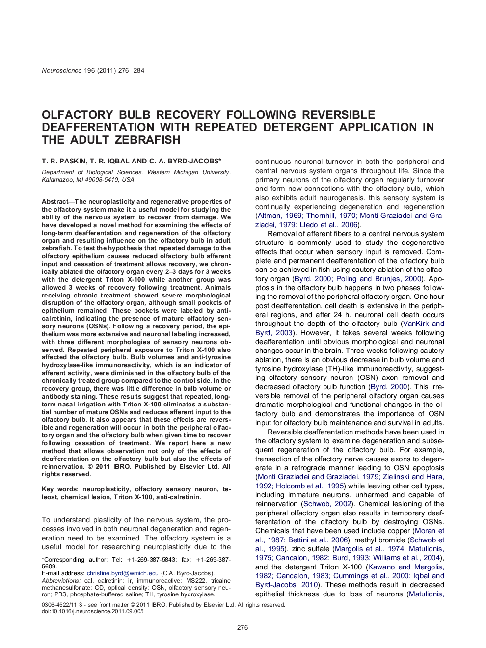 Olfactory bulb recovery following reversible deafferentation with repeated detergent application in the adult zebrafish
