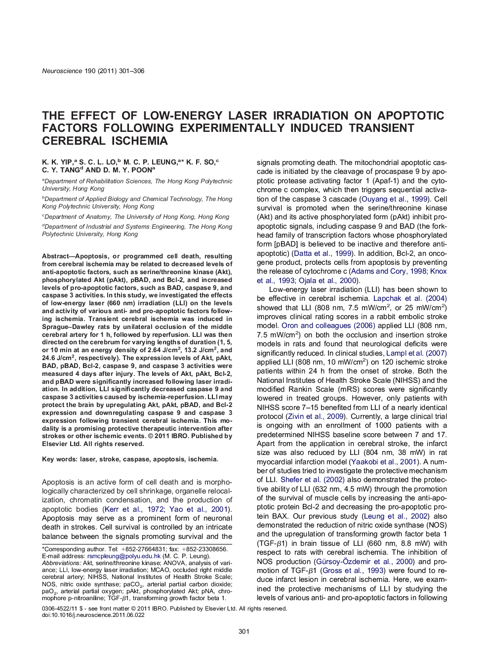 The effect of low-energy laser irradiation on apoptotic factors following experimentally induced transient cerebral ischemia