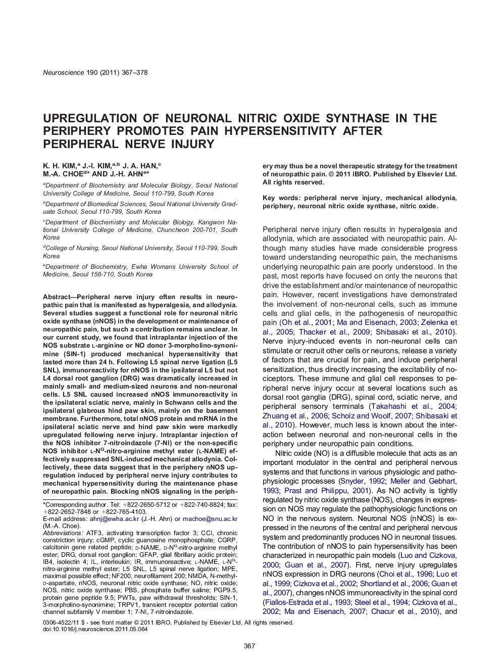 Upregulation of neuronal nitric oxide synthase in the periphery promotes pain hypersensitivity after peripheral nerve injury