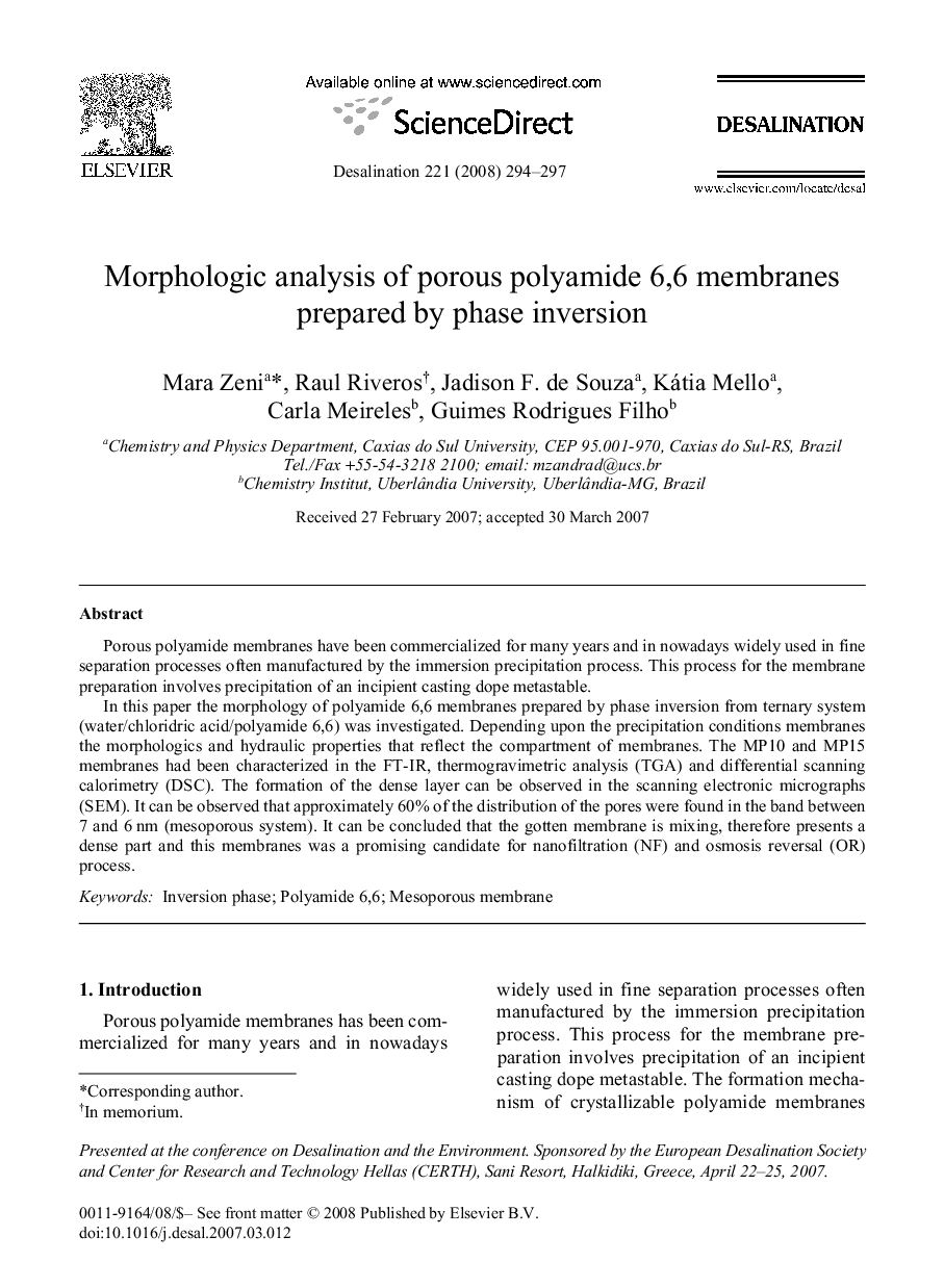 Morphologic analysis of porous polyamide 6,6 membranes prepared by phase inversion