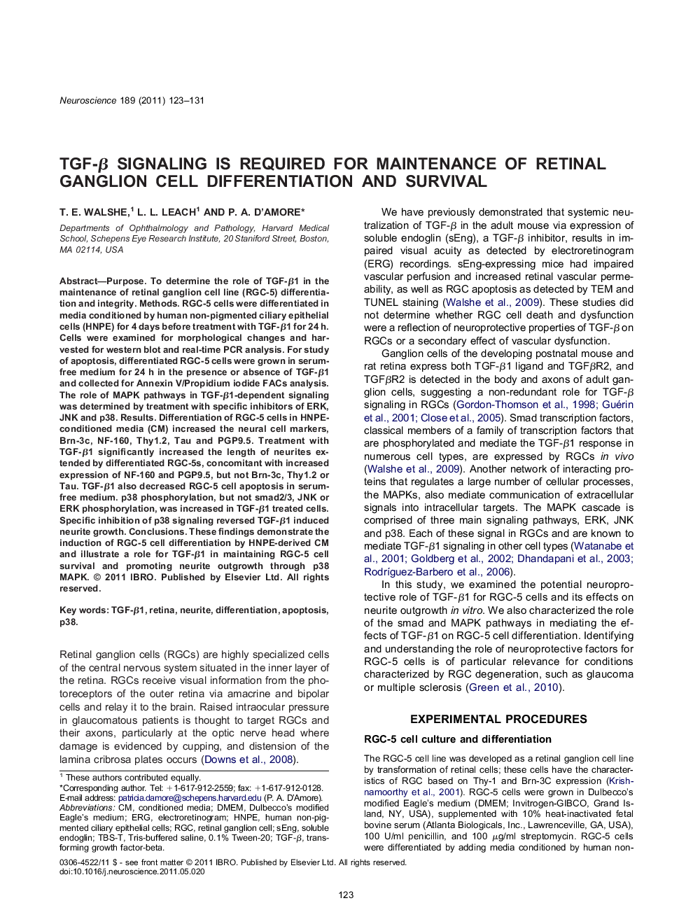 TGF-Î² signaling is required for maintenance of retinal ganglion cell differentiation and survival