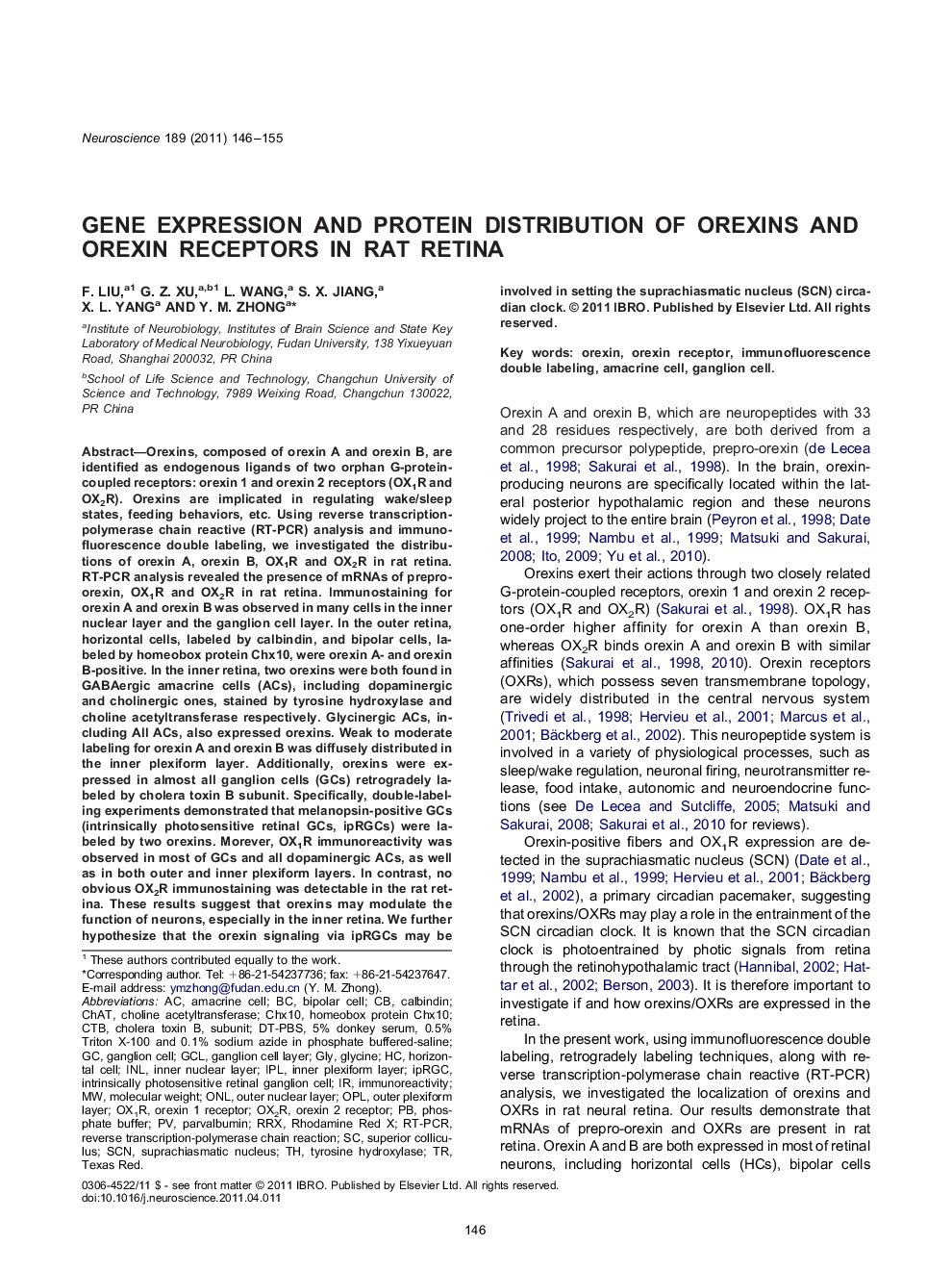 Cellular and Molecular NeuroscienceResearch PaperGene expression and protein distribution of orexins and orexin receptors in rat retina