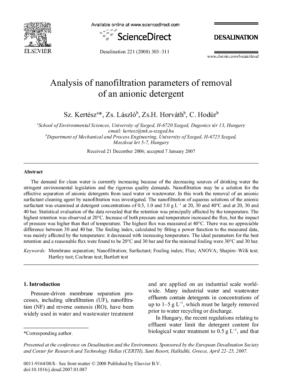 Analysis of nanofiltration parameters of removal of an anionic detergent