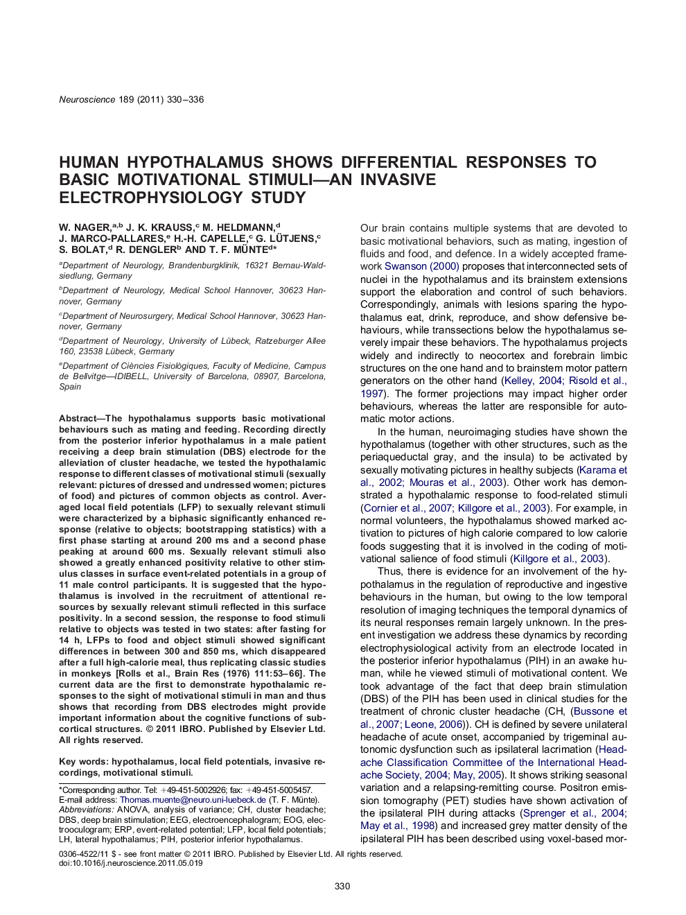 Human hypothalamus shows differential responses to basic motivational stimuli-an invasive electrophysiology study