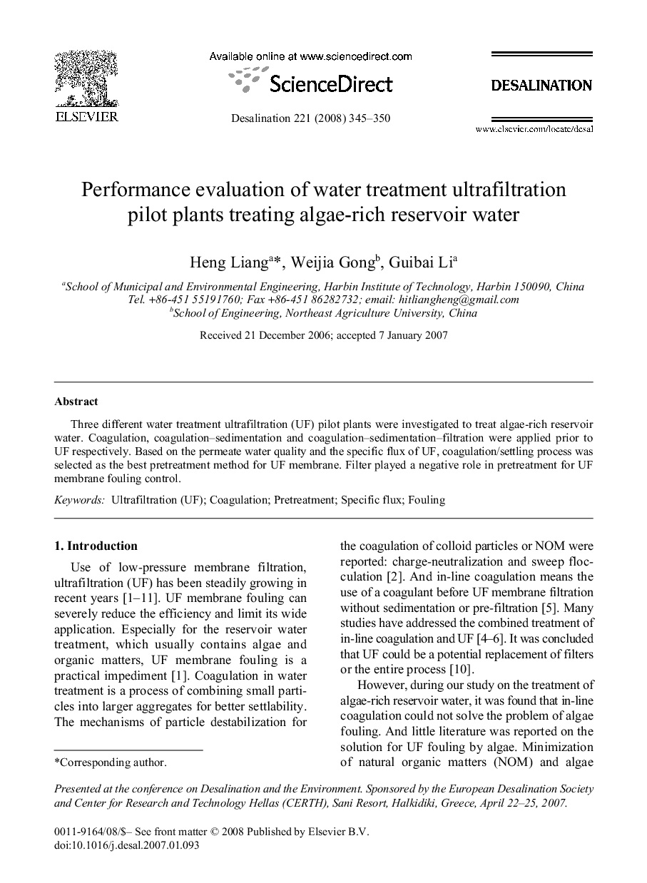 Performance evaluation of water treatment ultrafiltration pilot plants treating algae-rich reservoir water