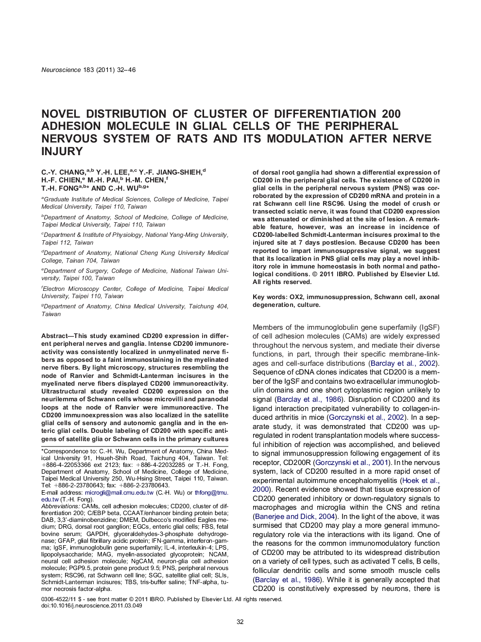 Cellular and Molecular NeuroscienceResearch PaperNovel distribution of cluster of differentiation 200 adhesion molecule in glial cells of the peripheral nervous system of rats and its modulation after nerve injury