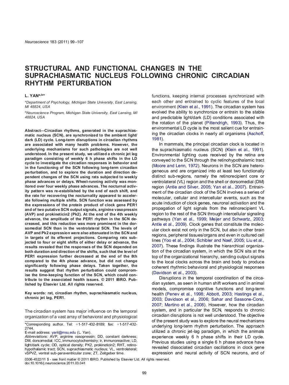 Structural and functional changes in the suprachiasmatic nucleus following chronic circadian rhythm perturbation