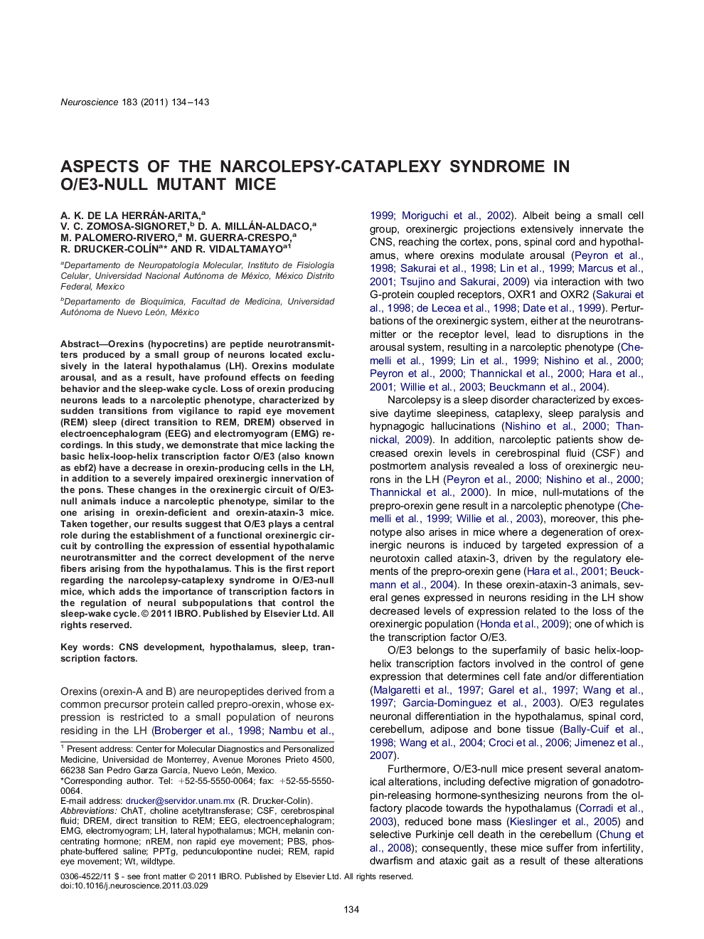 Aspects of the narcolepsy-cataplexy syndrome in O/E3-null mutant mice