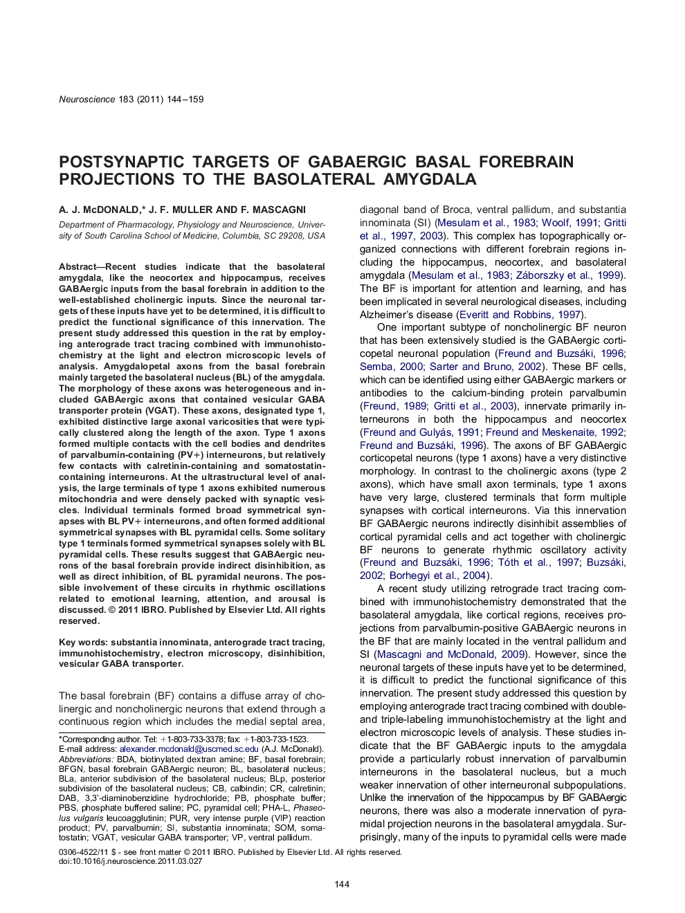 Cognitive, Behavioral, and Systems NeuroscienceResearch PaperPostsynaptic targets of GABAergic basal forebrain projections to the basolateral amygdala