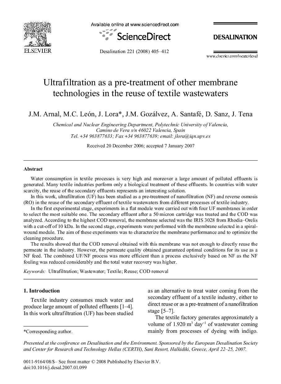 Ultrafiltration as a pre-treatment of other membrane technologies in the reuse of textile wastewaters