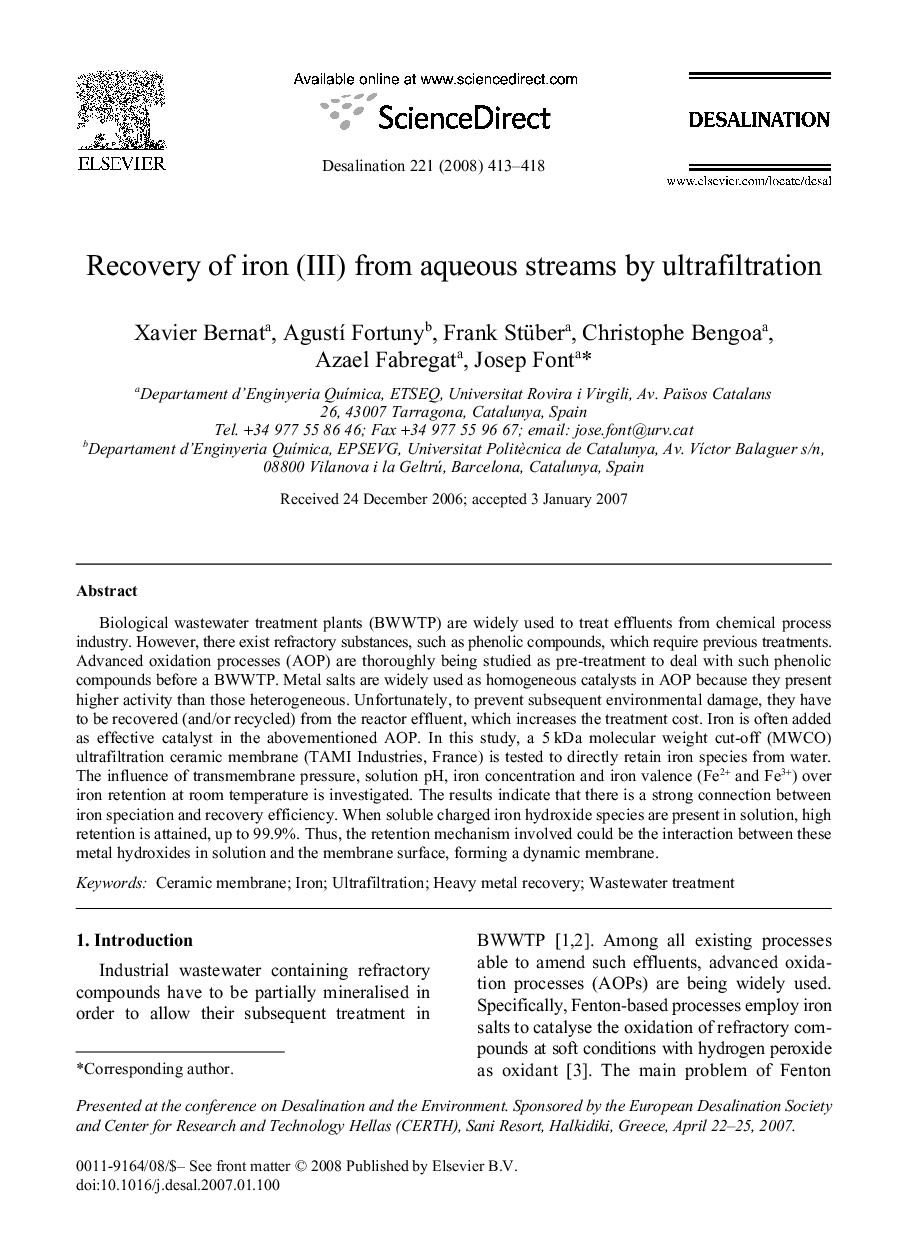 Recovery of iron (III) from aqueous streams by ultrafiltration