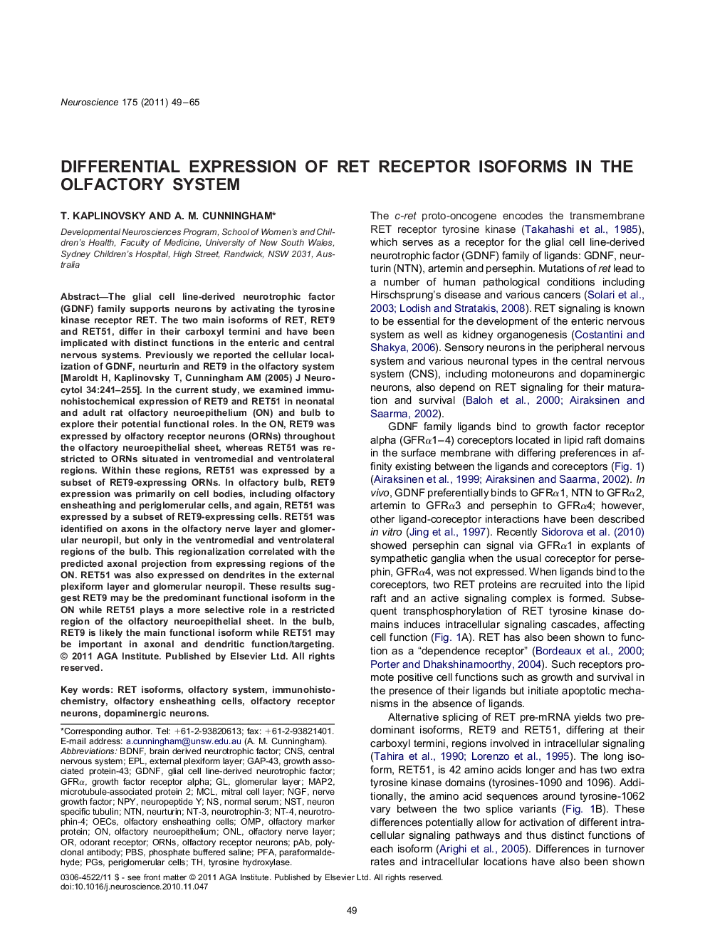 Differential expression of RET receptor isoforms in the olfactory system