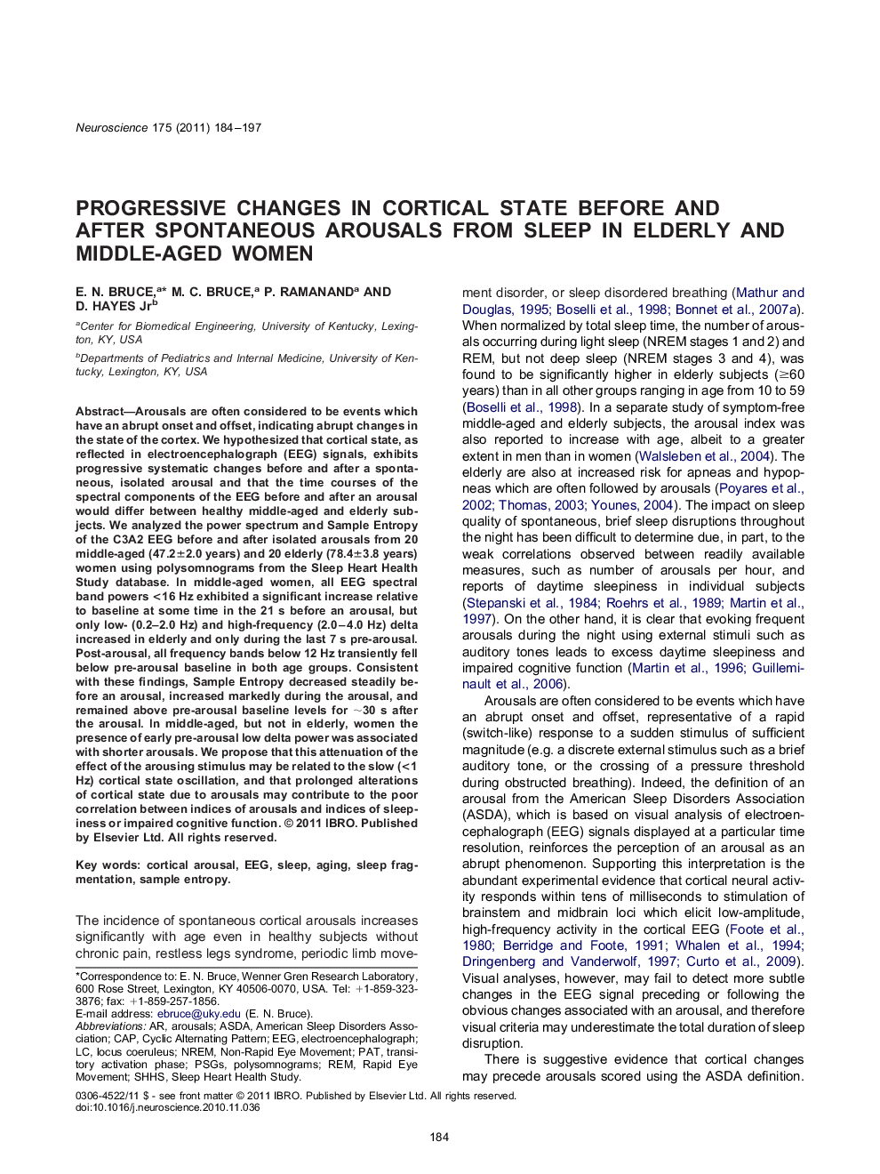 عکس صفحه اول مقاله: Progressive changes in cortical state before and after spontaneous arousals from sleep in elderly and middle-aged women Progressive changes in cortical state before and after spontaneous arousals from sleep in elderly and middle-aged women