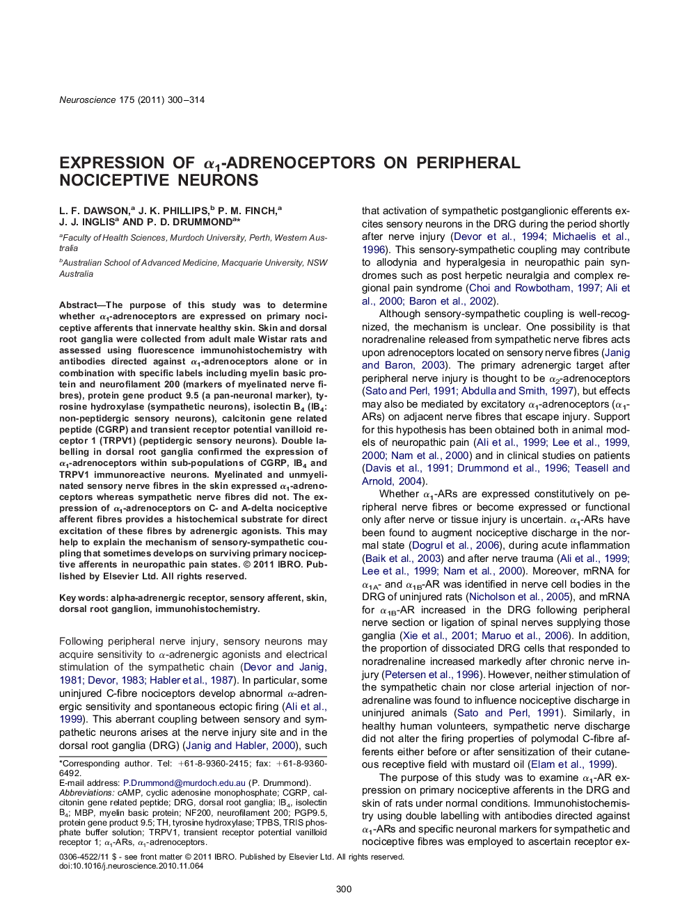 Expression of Î±1-adrenoceptors on peripheral nociceptive neurons