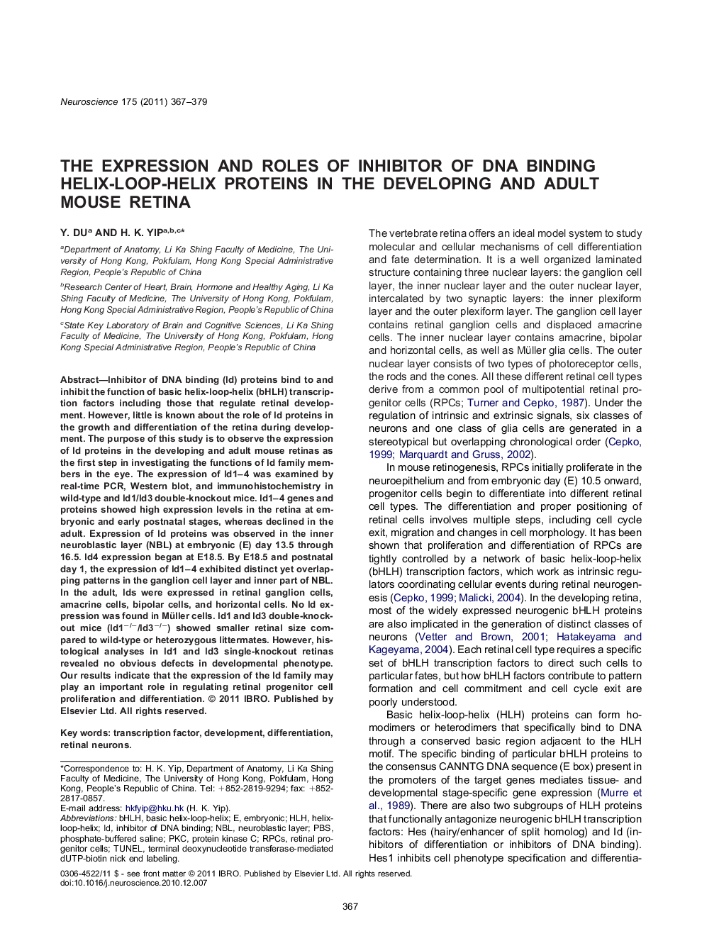 The expression and roles of inhibitor of DNA binding helix-loop-helix proteins in the developing and adult mouse retina