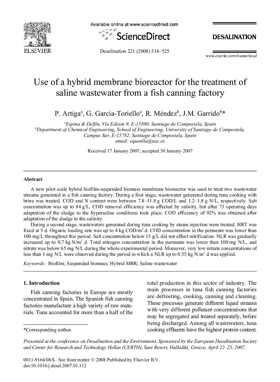 Use of a hybrid membrane bioreactor for the treatment of saline wastewater from a fish canning factory