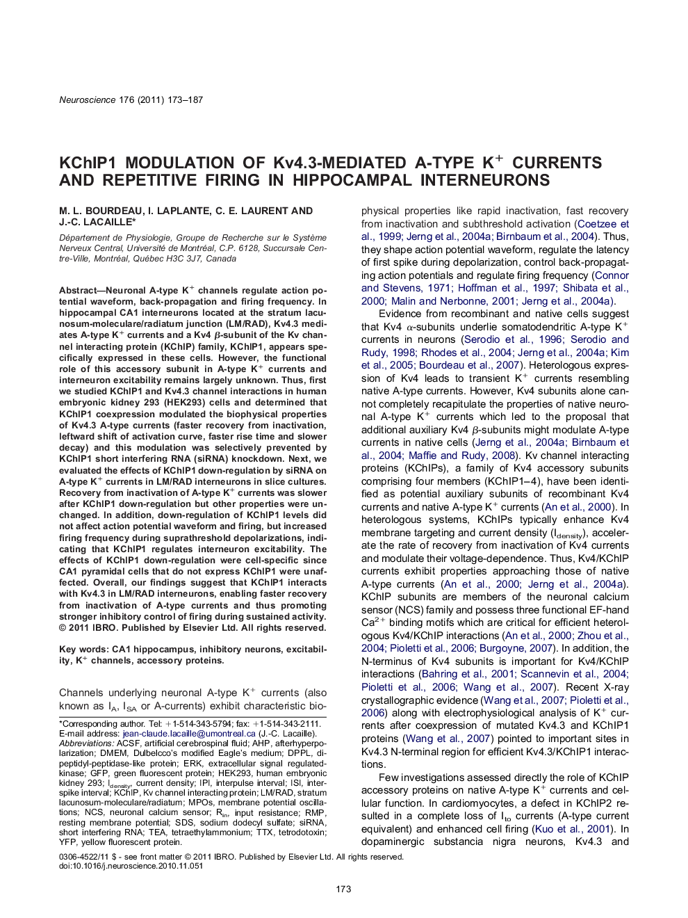 KChIP1 modulation of Kv4.3-mediated A-type K+ currents and repetitive firing in hippocampal interneurons