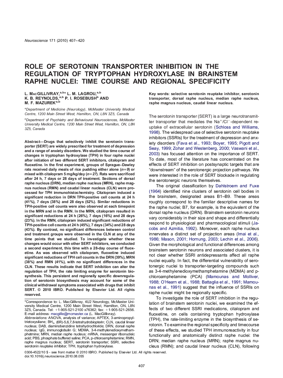 Role of serotonin transporter inhibition in the regulation of tryptophan hydroxylase in brainstem raphe nuclei: time course and regional specificity