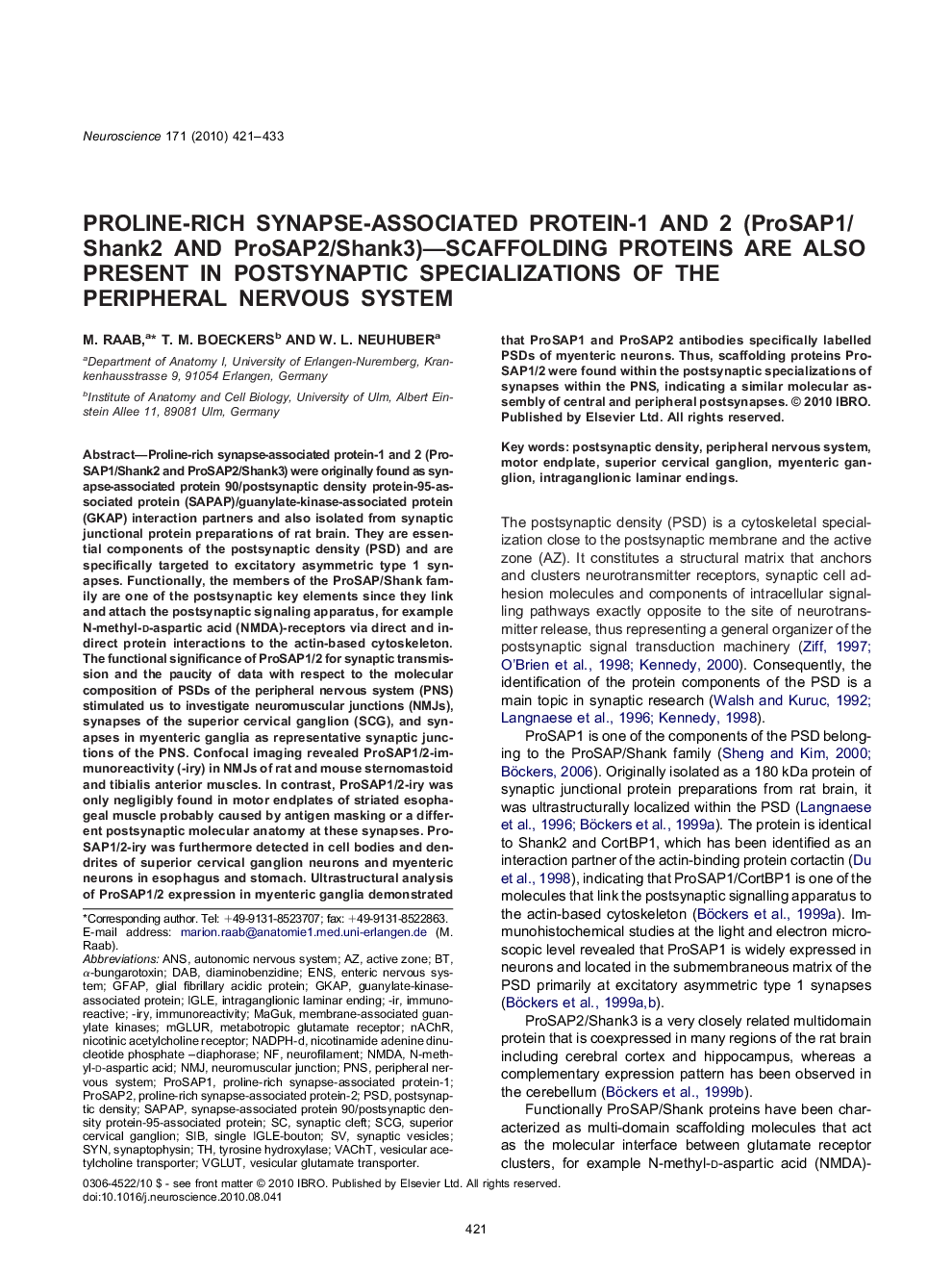 Proline-rich synapse-associated protein-1 and 2 (ProSAP1/Shank2 and ProSAP2/Shank3)-scaffolding proteins are also present in postsynaptic specializations of the peripheral nervous system