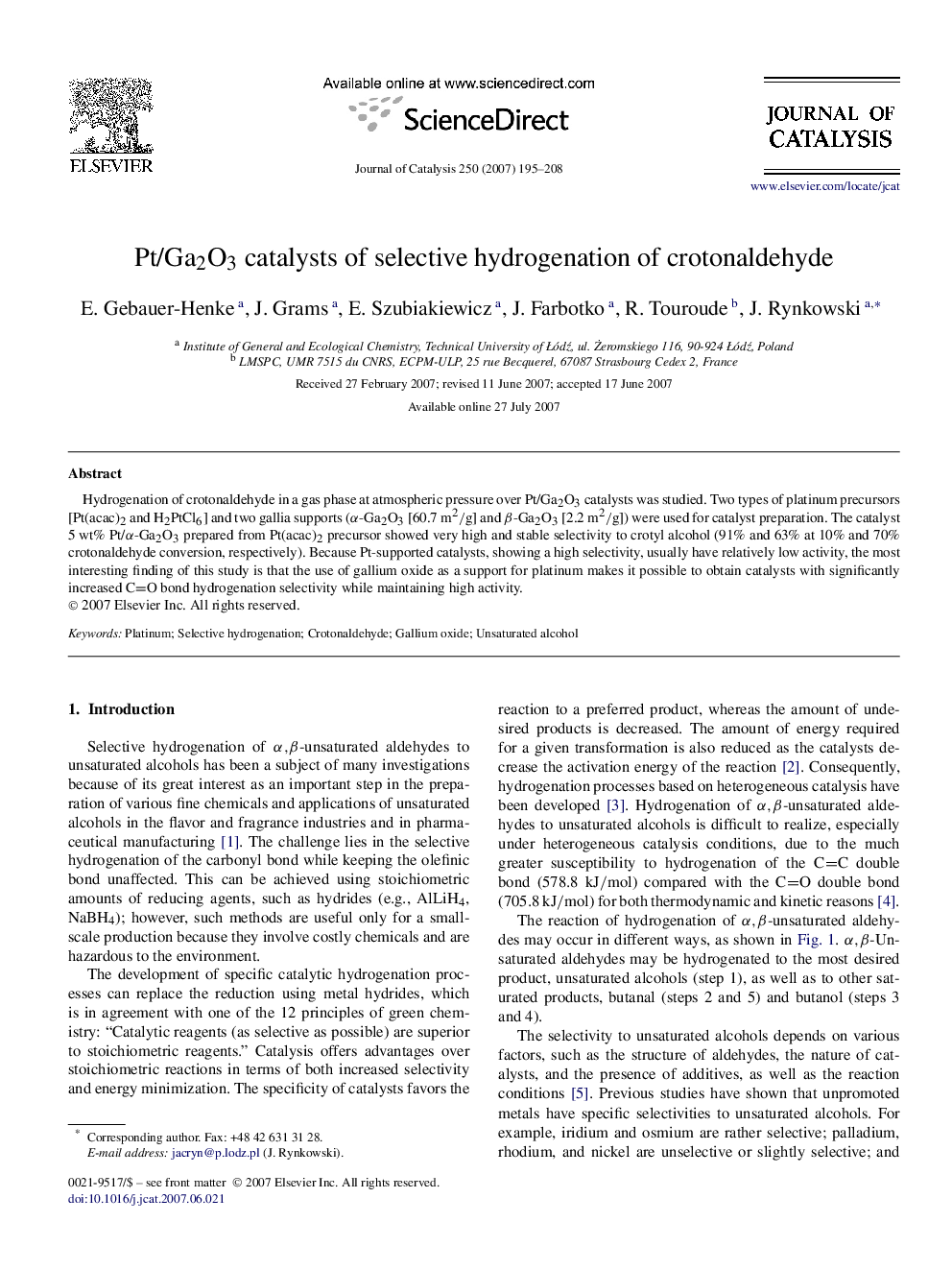 Pt/Ga2O3 catalysts of selective hydrogenation of crotonaldehyde