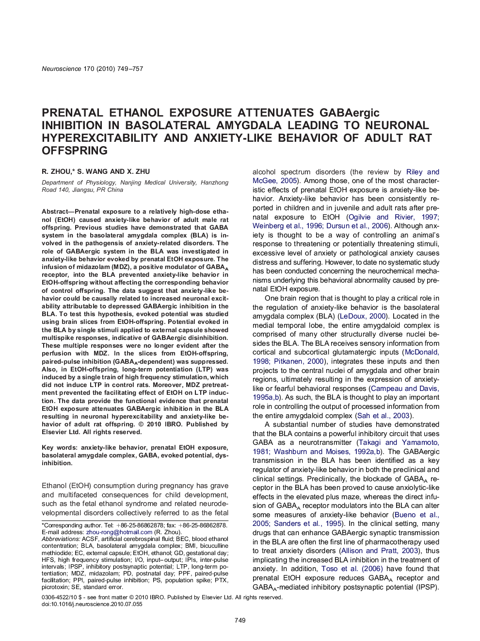 Prenatal ethanol exposure attenuates GABAergic inhibition in basolateral amygdala leading to neuronal hyperexcitability and anxiety-like behavior of adult rat offspring