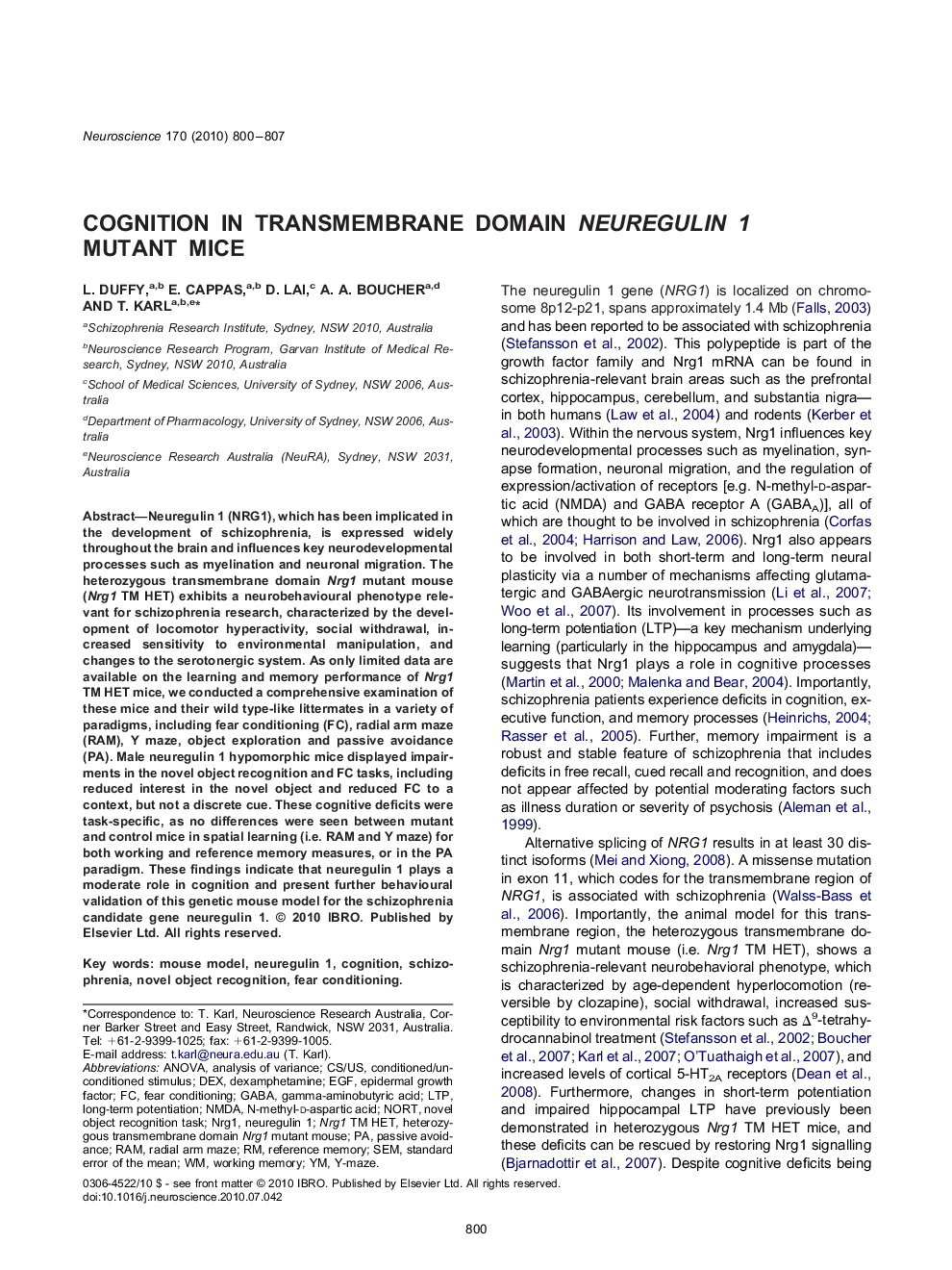 Cognition in transmembrane domain neuregulin 1 mutant mice