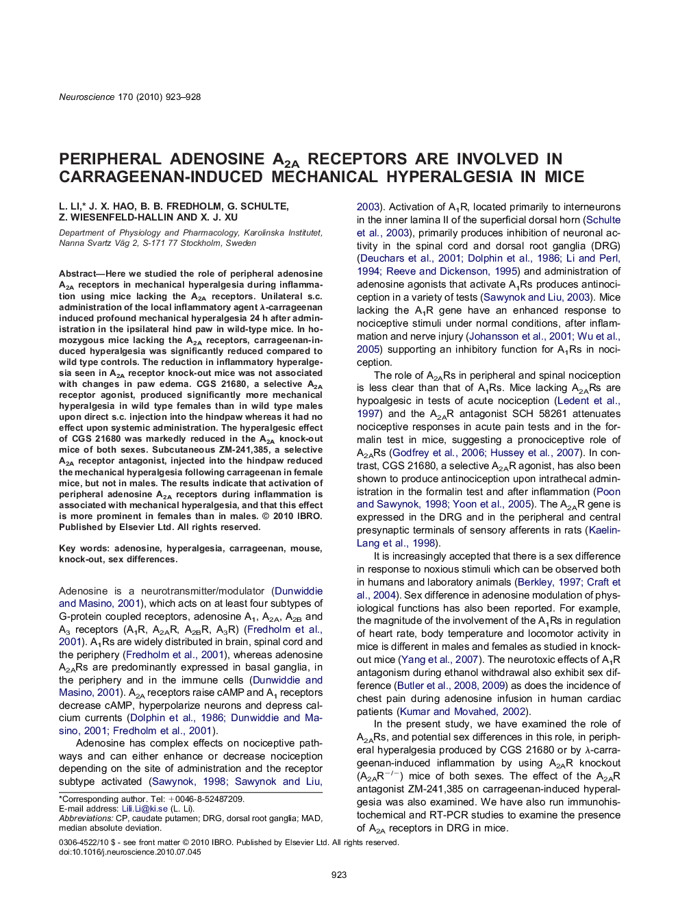 Peripheral adenosine A2A receptors are involved in carrageenan-induced mechanical hyperalgesia in mice