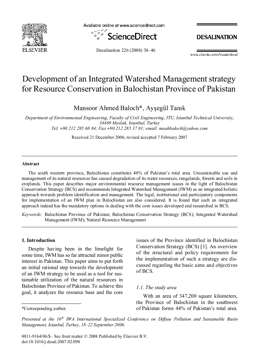 Development of an Integrated Watershed Management strategy for Resource Conservation in Balochistan Province of Pakistan