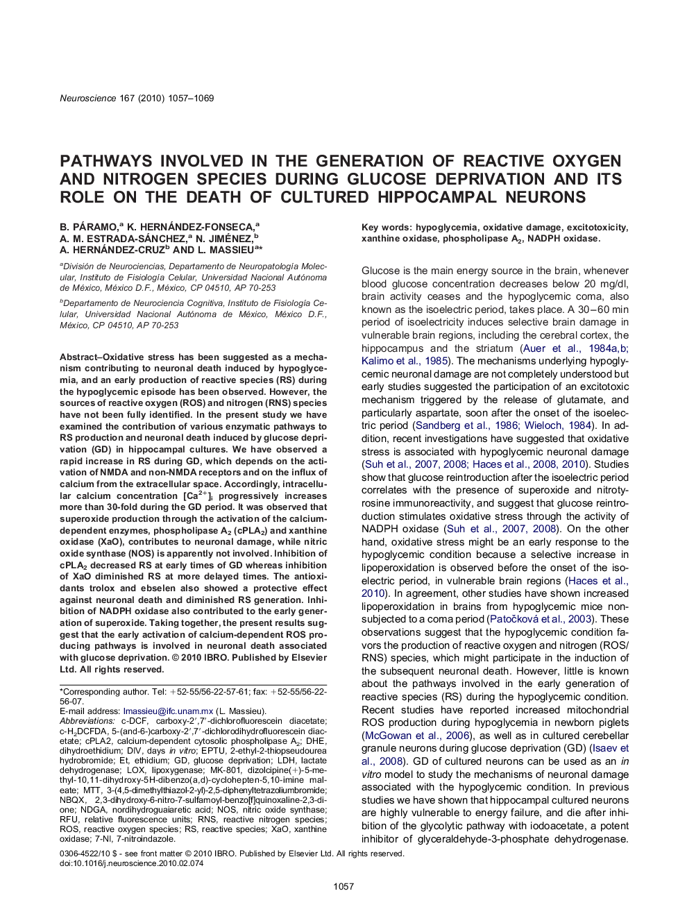 Pathways involved in the generation of reactive oxygen and nitrogen species during glucose deprivation and its role on the death of cultured hippocampal neurons