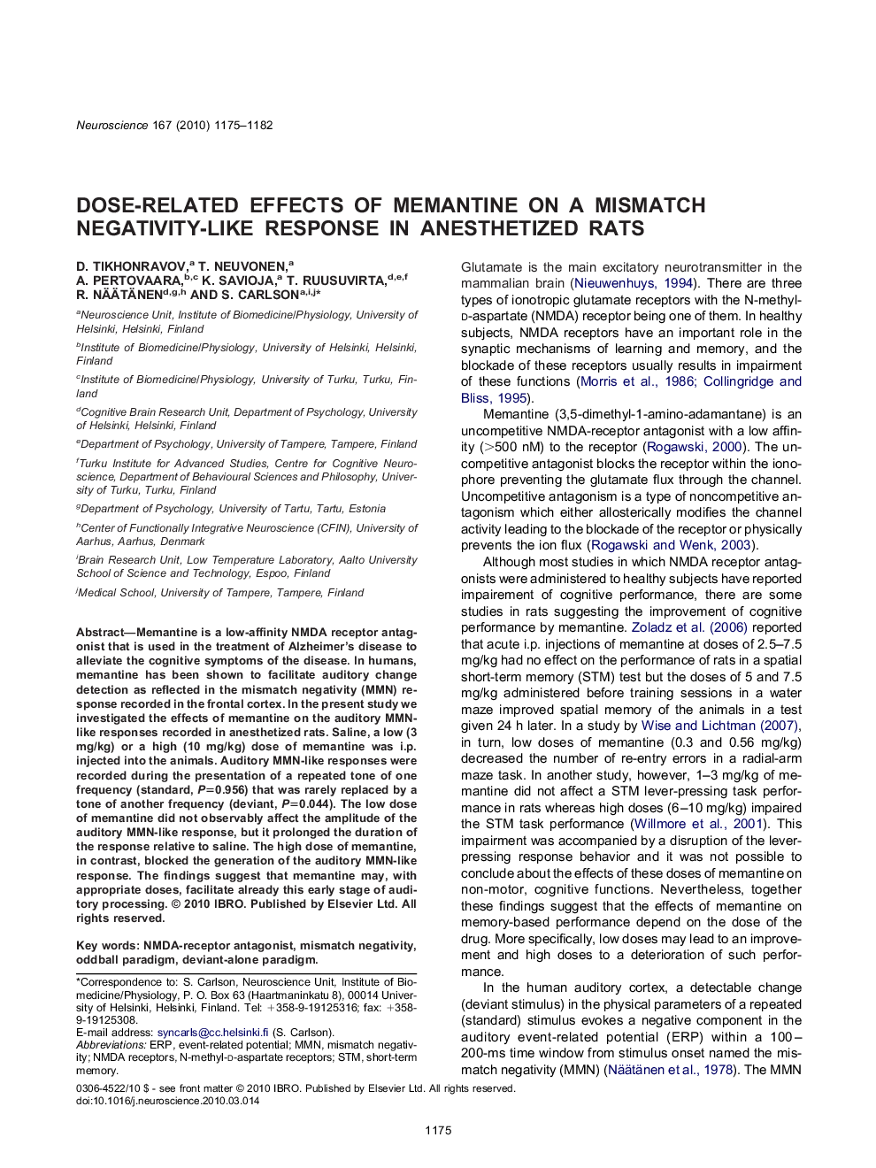 Dose-related effects of memantine on a mismatch negativity-like response in anesthetized rats