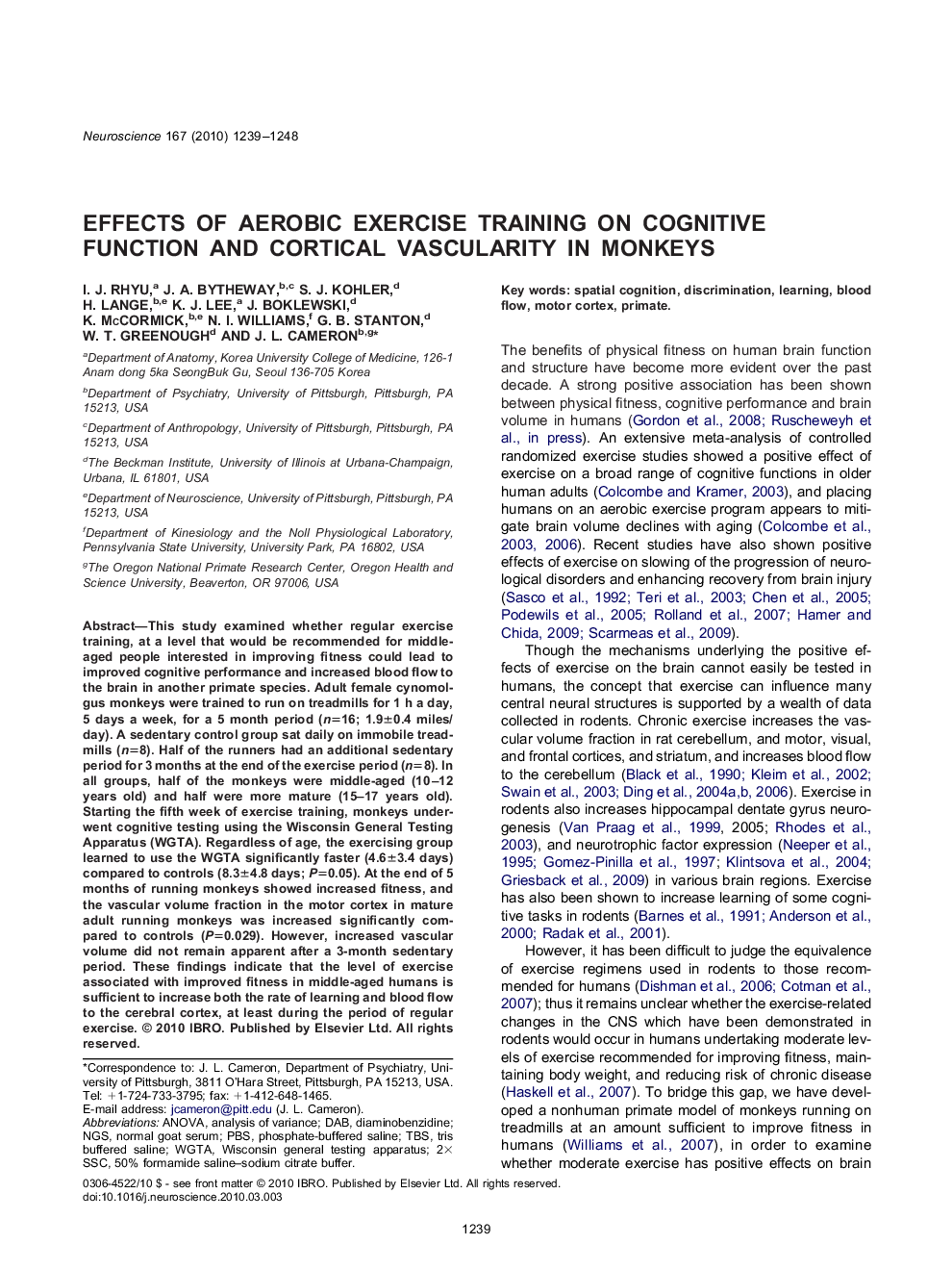 Effects of aerobic exercise training on cognitive function and cortical vascularity in monkeys