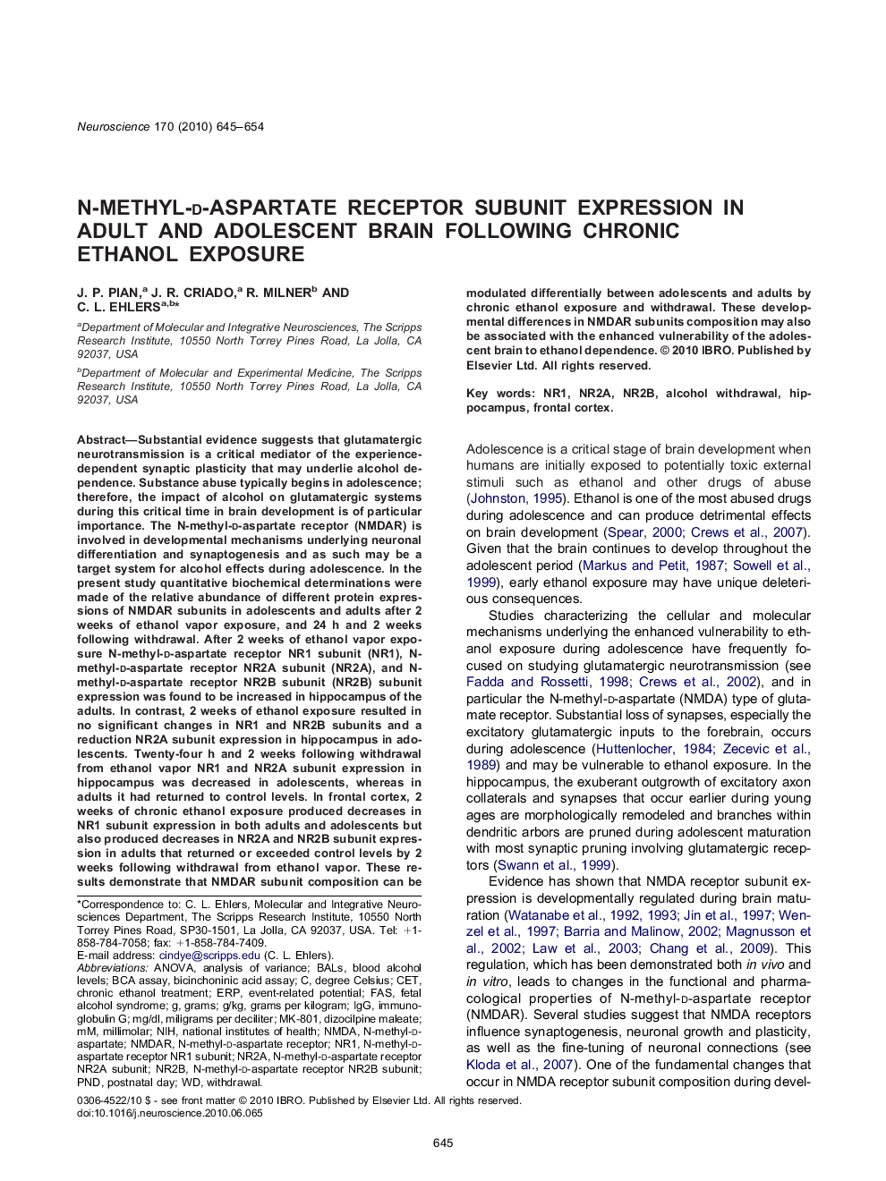 N-methyl-d-aspartate receptor subunit expression in adult and adolescent brain following chronic ethanol exposure