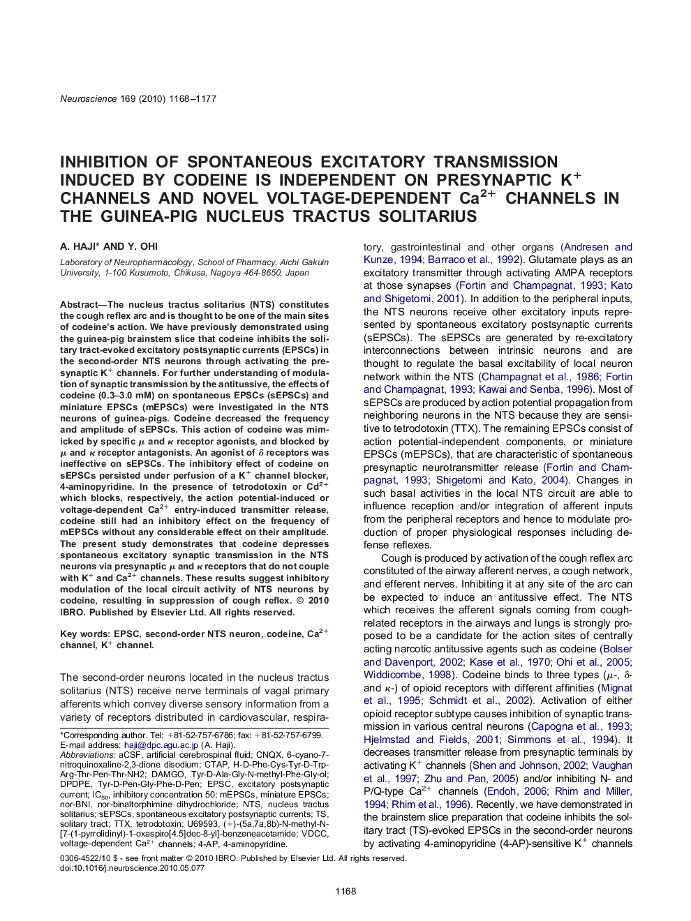 Inhibition of spontaneous excitatory transmission induced by codeine is independent on presynaptic K+ channels and novel voltage-dependent Ca2+ channels in the guinea-pig nucleus tractus solitarius