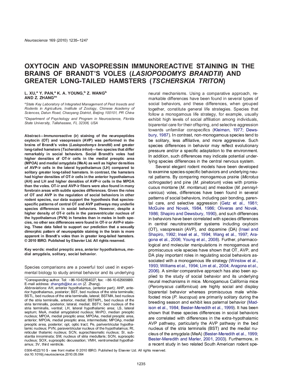 Oxytocin and vasopressin immunoreactive staining in the brains of Brandt's voles (Lasiopodomys brandtii) and greater long-tailed hamsters (Tscherskia triton)